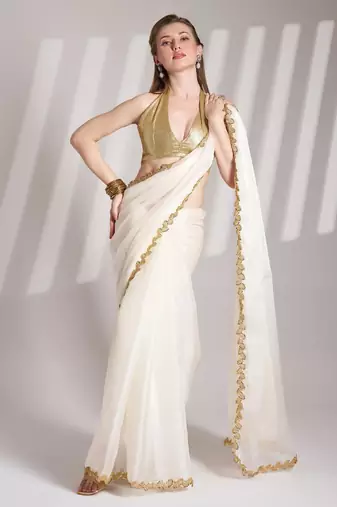 Off white embellished sequinned organza saree with blouse