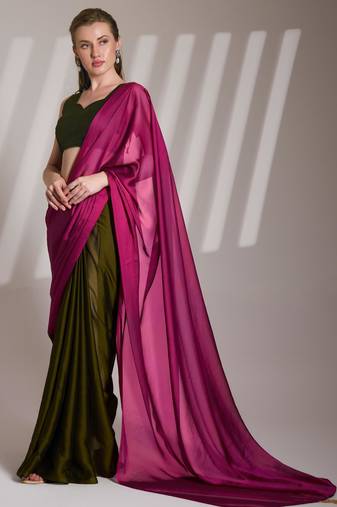 wine and green colourblocked chiffon half and half saree with blouse