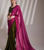 wine and green colourblocked chiffon half and half saree with blouse
