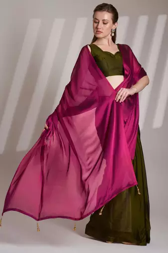 wine and green colourblocked chiffon half and half saree with blouse
