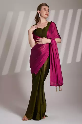 wine and green colourblocked chiffon half and half saree with blouse