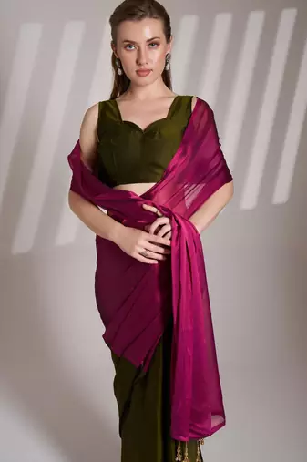 wine and green colourblocked chiffon half and half saree with blouse