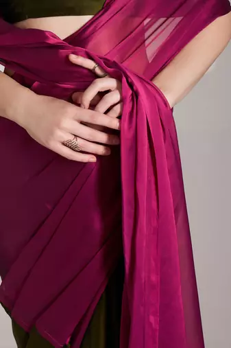 wine and green colourblocked chiffon half and half saree with blouse