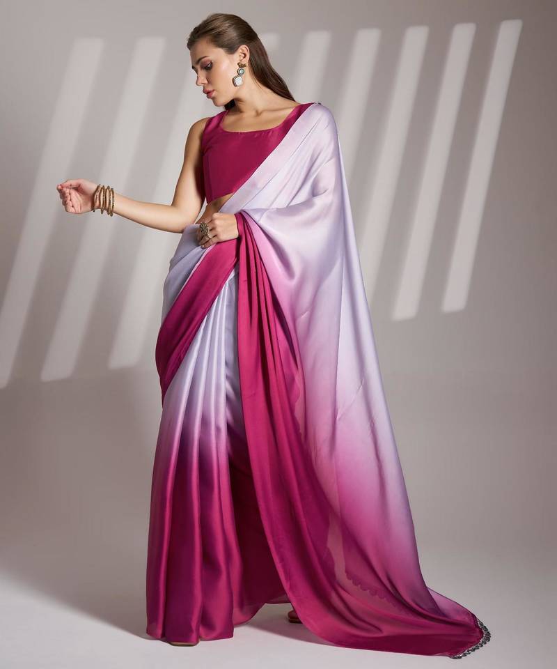 pink ombre satin saree with blouse