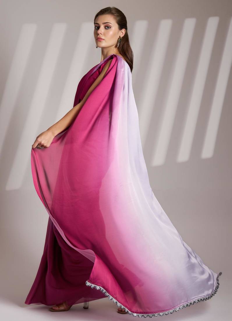 pink ombre satin saree with blouse