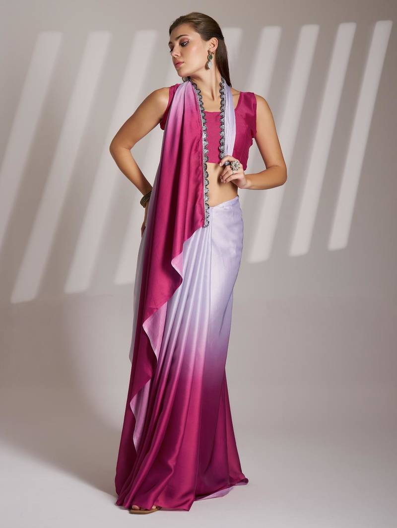 pink ombre satin saree with blouse