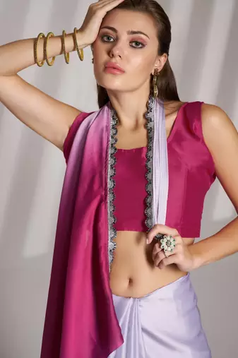 pink ombre satin saree with blouse