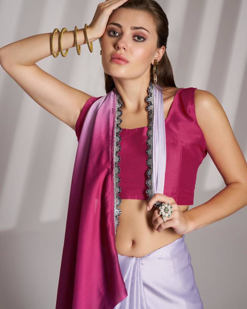 pink ombre satin saree with blouse