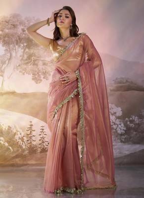 Peach embellished organza saree with blouse 1