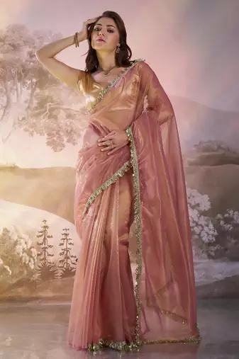 Peach embellished organza saree with blouse