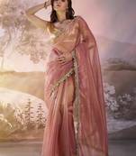 Peach embellished organza saree with blouse