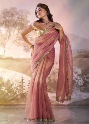 Peach embellished organza saree with blouse 2