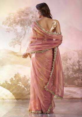 Peach embellished organza saree with blouse 5