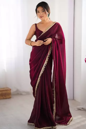 Wine embellished organza saree with blouse