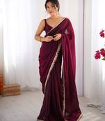Wine embellished organza saree with blouse