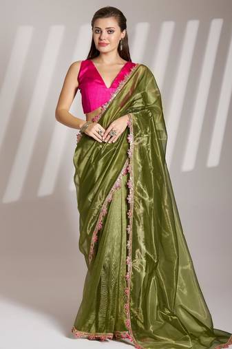 Green organza designer lace saree with blouse
