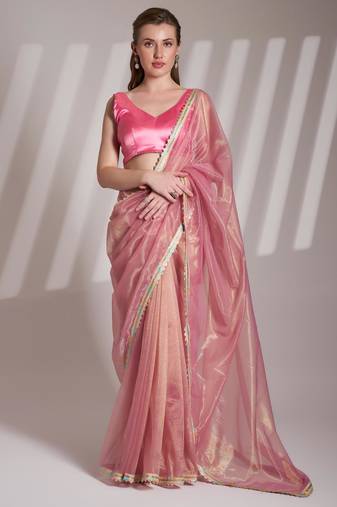 Peach embellished designer lace organza saree with blouse