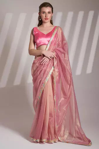 Peach embellished designer lace organza saree with blouse