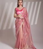 Peach embellished designer lace organza saree with blouse