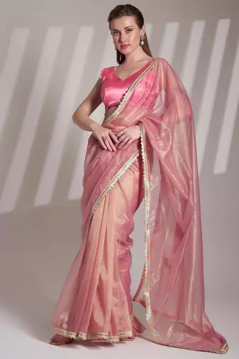 Peach embellished designer lace organza saree with blouse