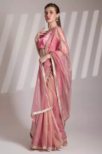 Peach embellished designer lace organza saree with blouse