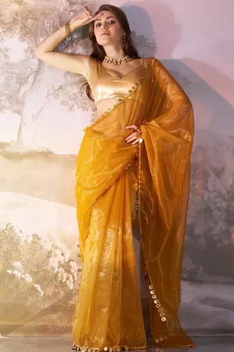 Mustard designer lace organza saree with blouse