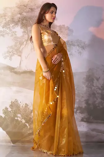Mustard designer lace organza saree with blouse