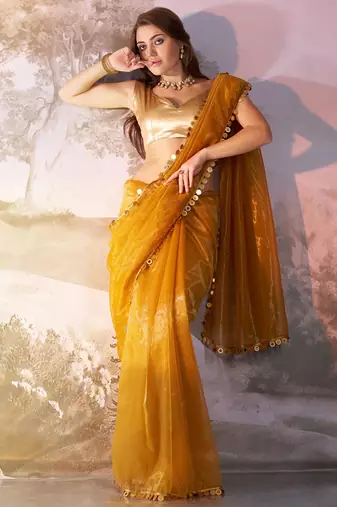 Mustard designer lace organza saree with blouse