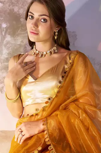 Mustard designer lace organza saree with blouse