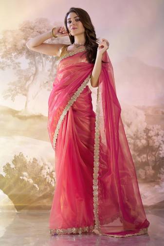 Pink designer lace organza saree with blouse