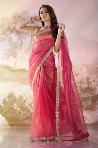 Pink designer lace organza saree with blouse