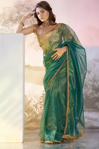 Sea green designer lace organza saree with blouse