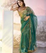 Sea green designer lace organza saree with blouse