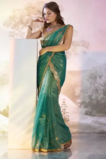 Sea green designer lace organza saree with blouse