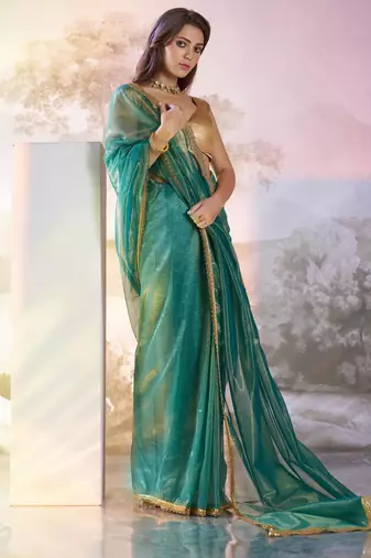 Sea green designer lace organza saree with blouse