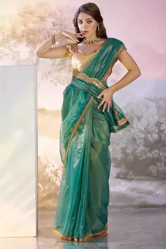 Sea green designer lace organza saree with blouse