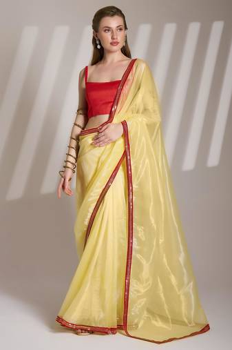 Lime yellow designer lace organza saree with blouse