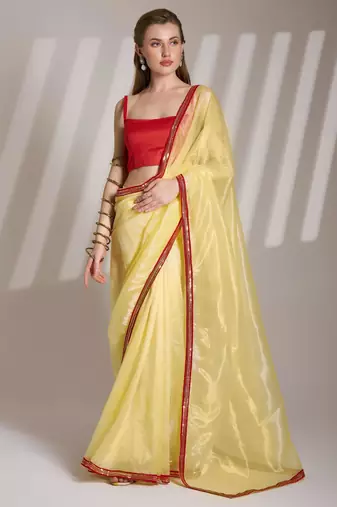 Lime yellow designer lace organza saree with blouse