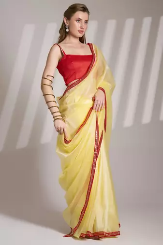 Lime yellow designer lace organza saree with blouse