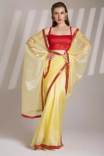 Lime yellow designer lace organza saree with blouse