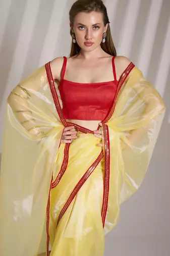 Lime yellow designer lace organza saree with blouse
