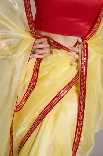 Lime yellow designer lace organza saree with blouse