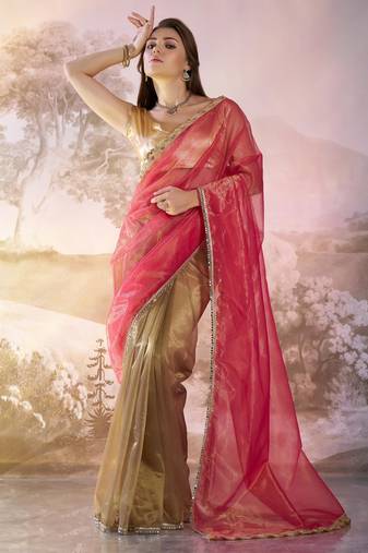 Pink and brown designer lace organza saree with blouse