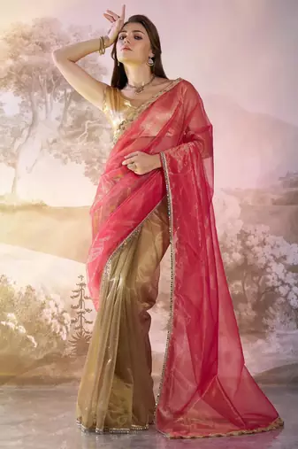 Pink and brown designer lace organza saree with blouse