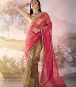 Pink and brown designer lace organza saree with blouse