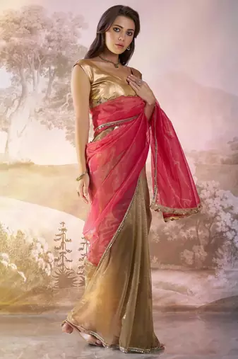 Pink and brown designer lace organza saree with blouse