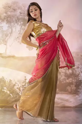 Pink and brown designer lace organza saree with blouse