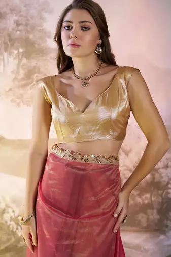 Pink and brown designer lace organza saree with blouse