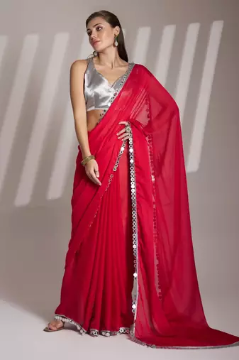 red chiffon designer saree with blouse