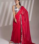 red chiffon designer saree with blouse
